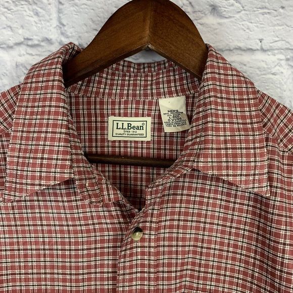 LL Bean Mens Button Tab Roll Up Long Sleeve Red Check Shirt Travel Hiking Large - Picture 5 of 10
